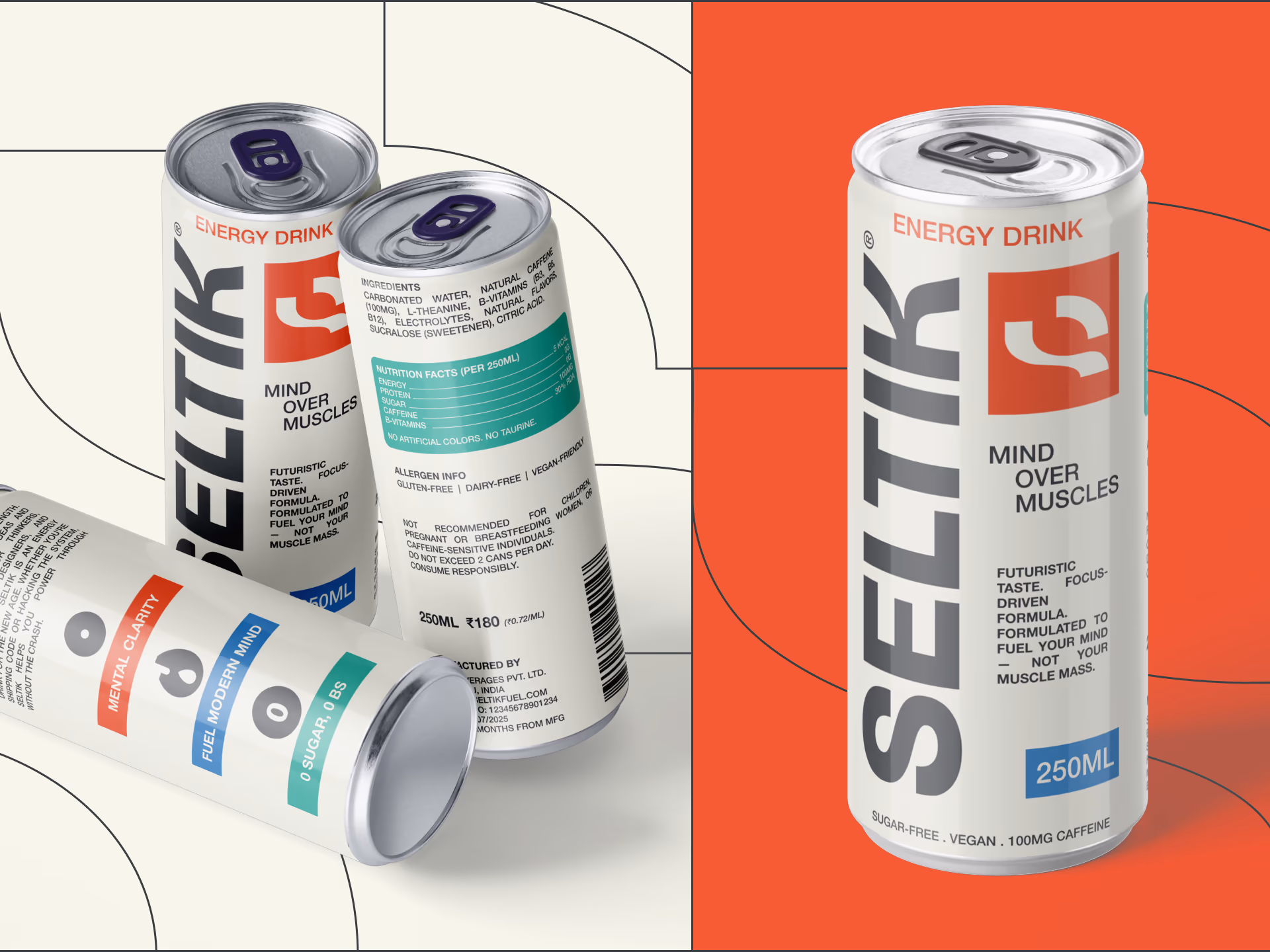 SELTIK energy drink brand identity on red liquid texture