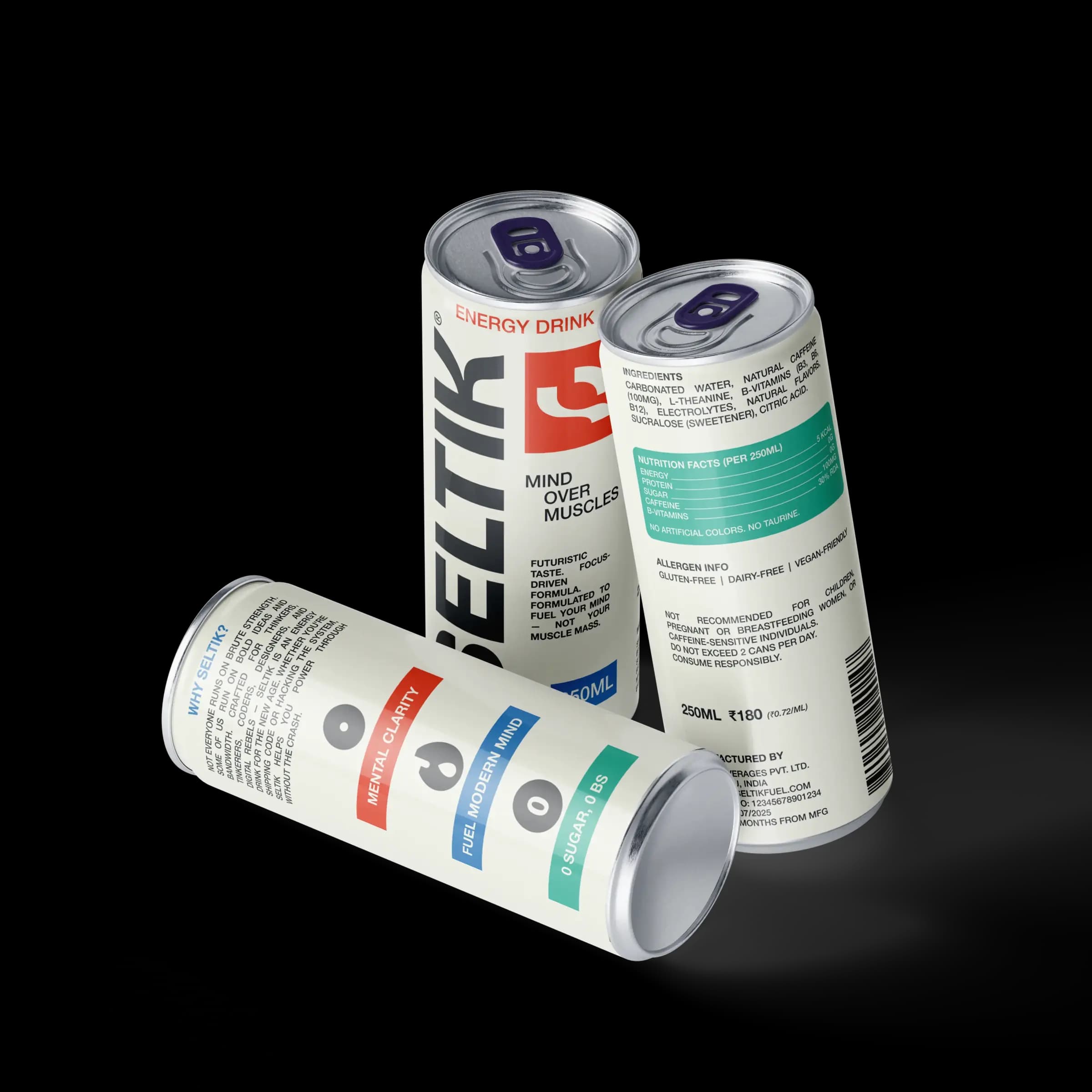 SELTIK 250ml slim can mockups showing front, back, and hero angle